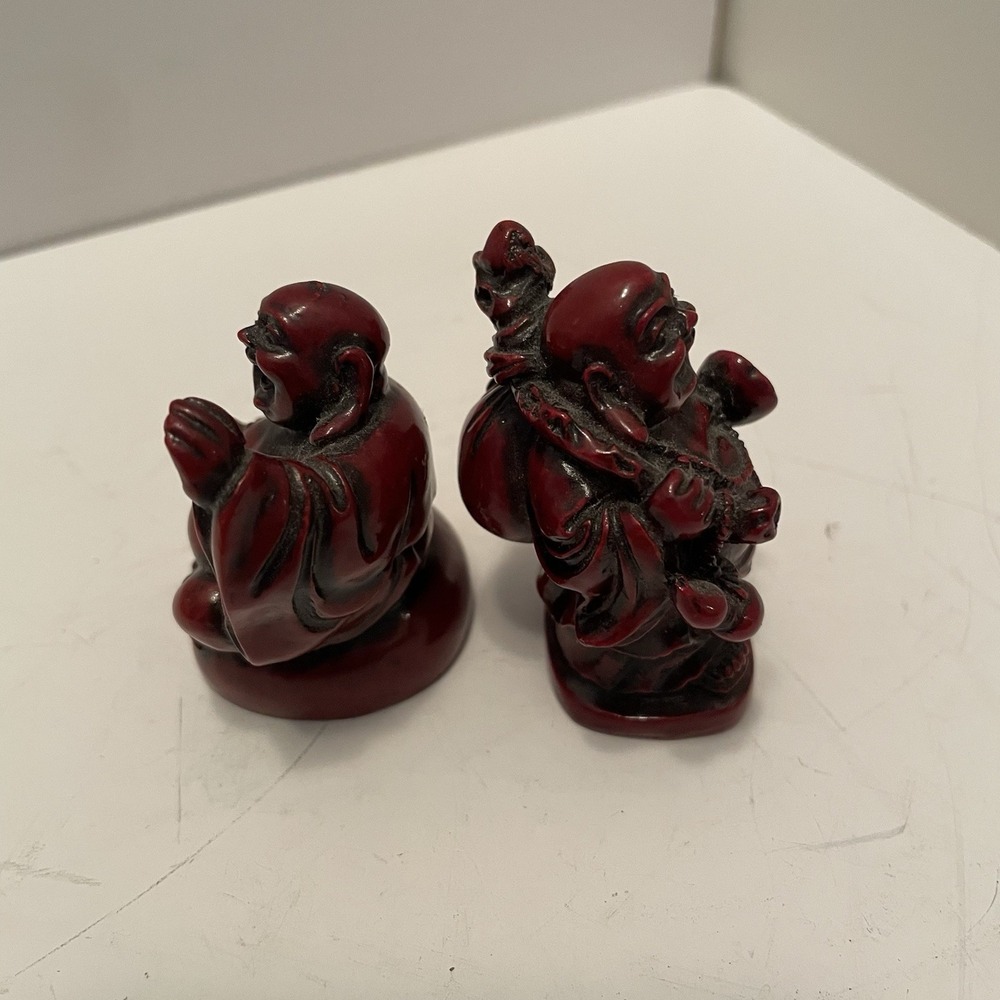 Vintage Style Mini Red Resin Laughing Buddha Figurines - Set of 2 (2") - Picture 4 of 6